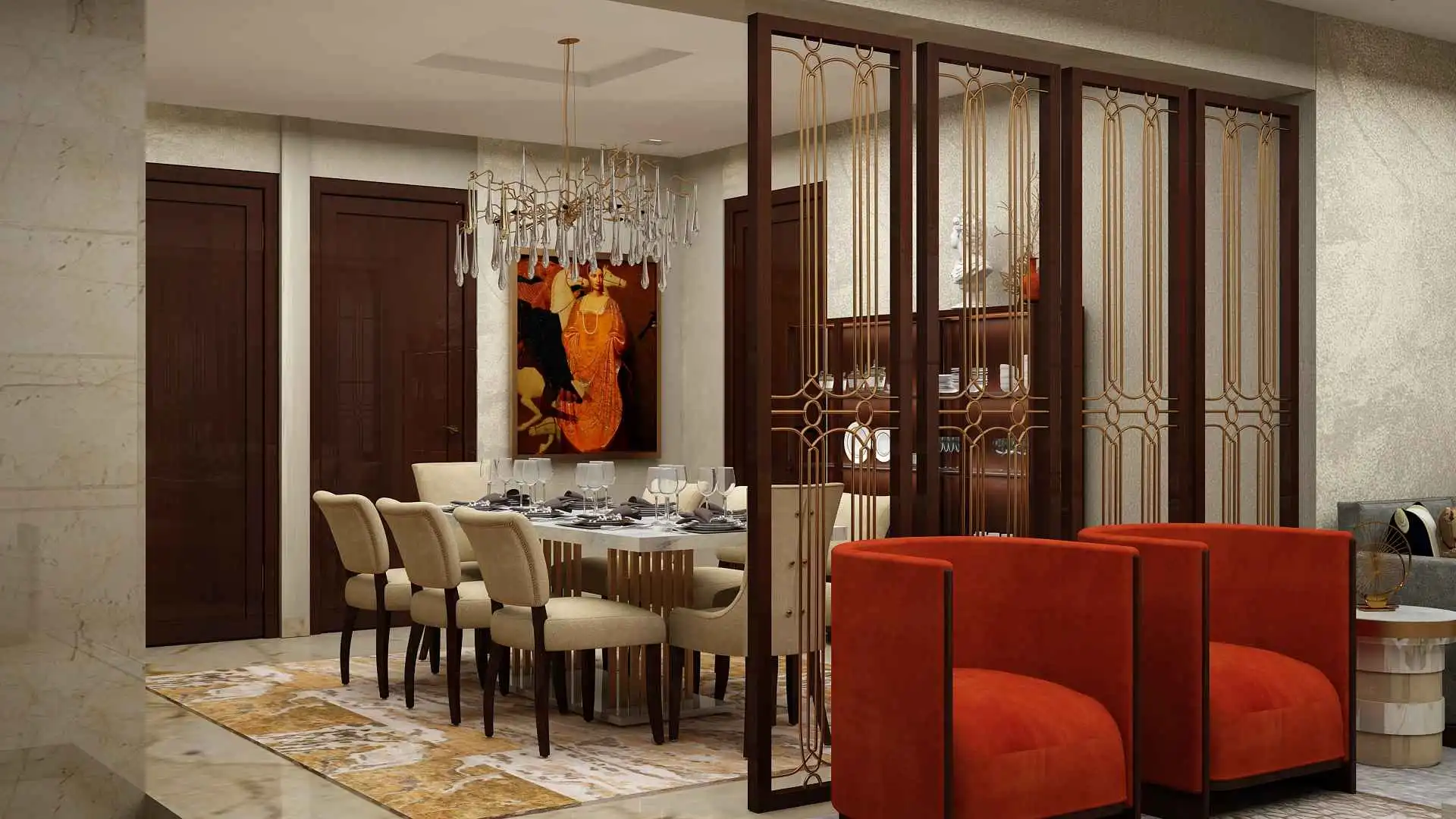 A refined luxury living room with warm lighting and contemporary furniture